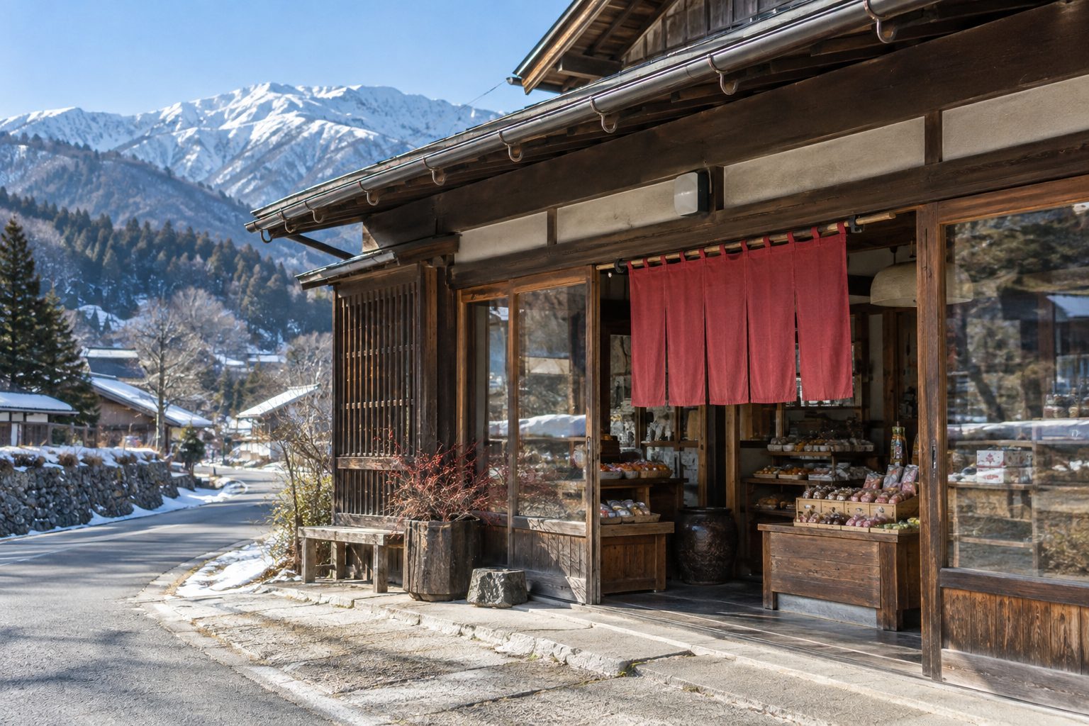 赤い暖簾のかかった、雪山を背にした木造の店構え（イメージ）